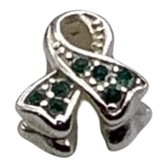 Charmed Craft 925 Sterling Silver Ribbon Pendant Green Crystals Cancer Awareness - Picture 5 of 8